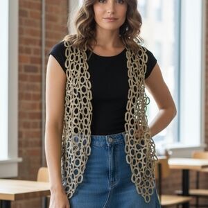 Moses Collection Vintage Cotton Embroidered Crochet Gold Vest Knit Vest Size M